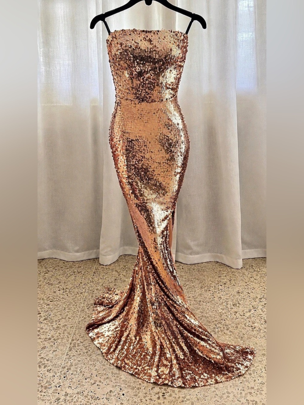 Brown Sequin Strapless Maxi Dress